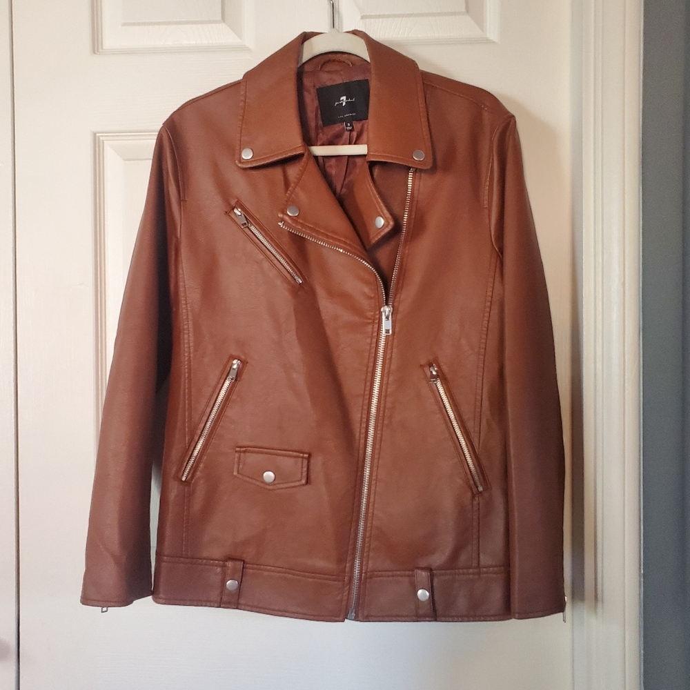 7 For All Mankind Faux Leather Moto Jacket Caramel Brown Zippers Pockets Small